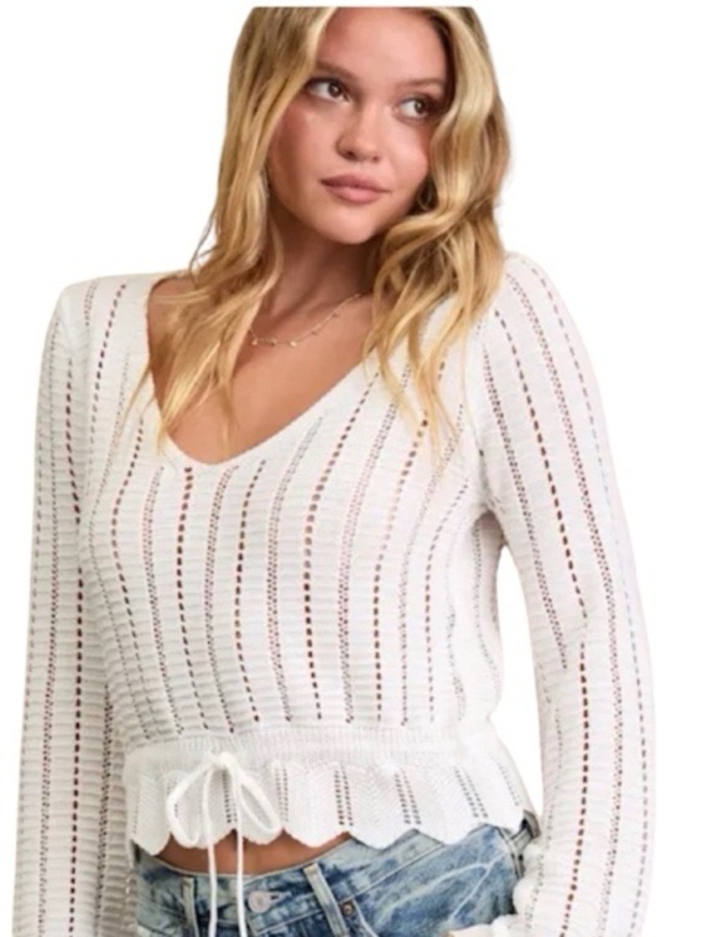 Lulu's White Open-Knit V-Neck Sweater with Drawstring Hem